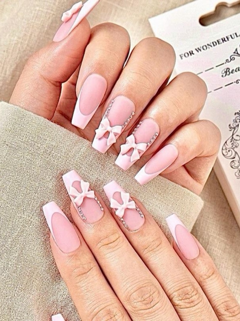 Pink Bow Acrylic Press-On Nails - Elegant Light Pink Nail Set